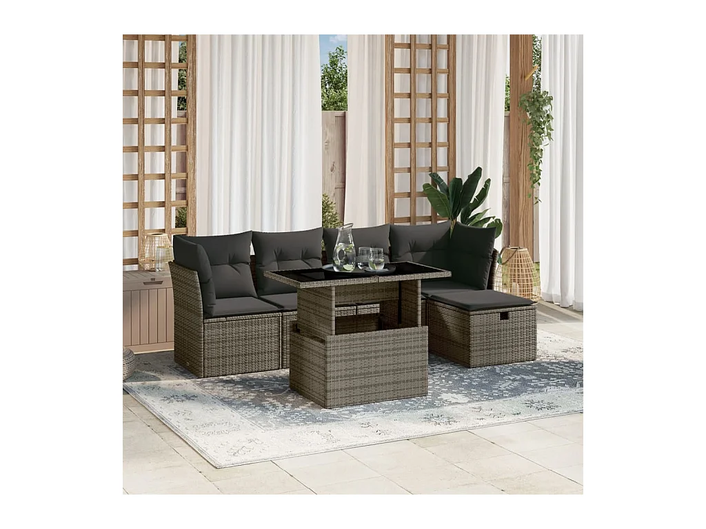 6-delige Loungeset met kussens poly rattan grijs