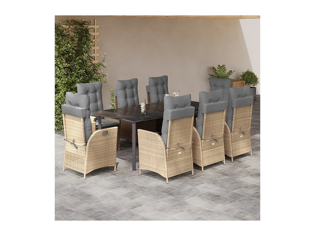 Ensemble à manger de jardin et coussins 9 pcs beige Poly rotin