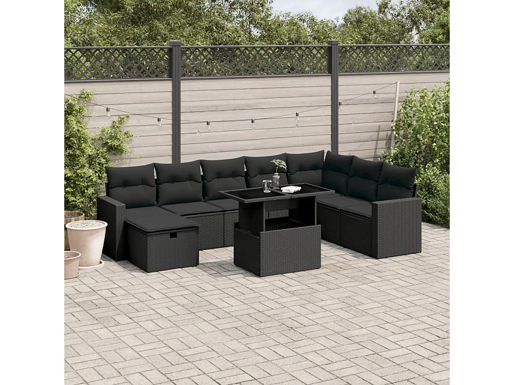 Salon de jardin 9 pcs avec coussins noir résine tressée