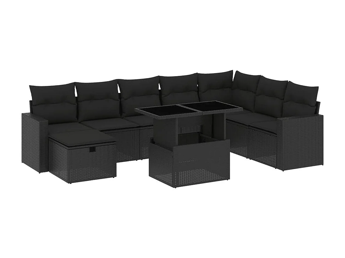 Salon de jardin 9 pcs avec coussins noir résine tressée