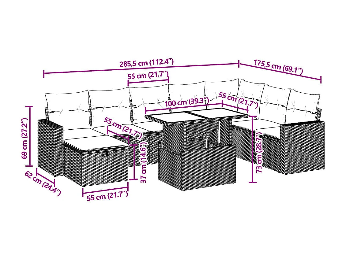 Salon de jardin 9 pcs avec coussins noir résine tressée