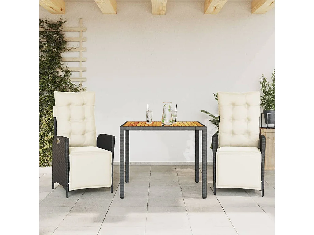 3-tlg. Garten-Essgruppe mit Kissen Schwarz Poly Rattan