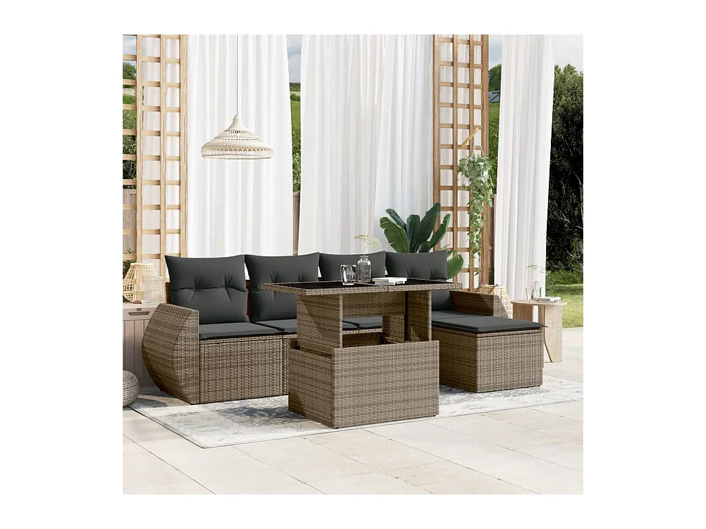 6-delige Loungeset met kussens poly rattan grijs