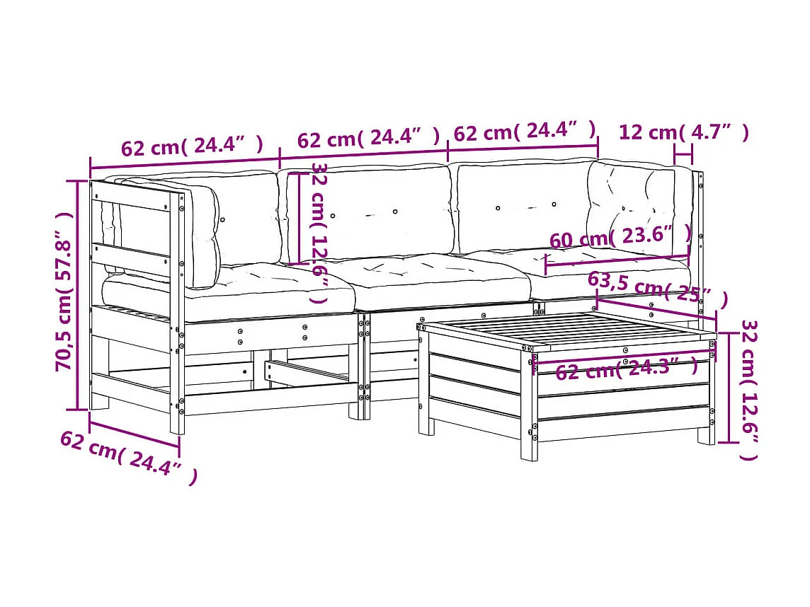 4-tlg. Garten-Lounge-Set mit Kissen Massivholz Kiefer