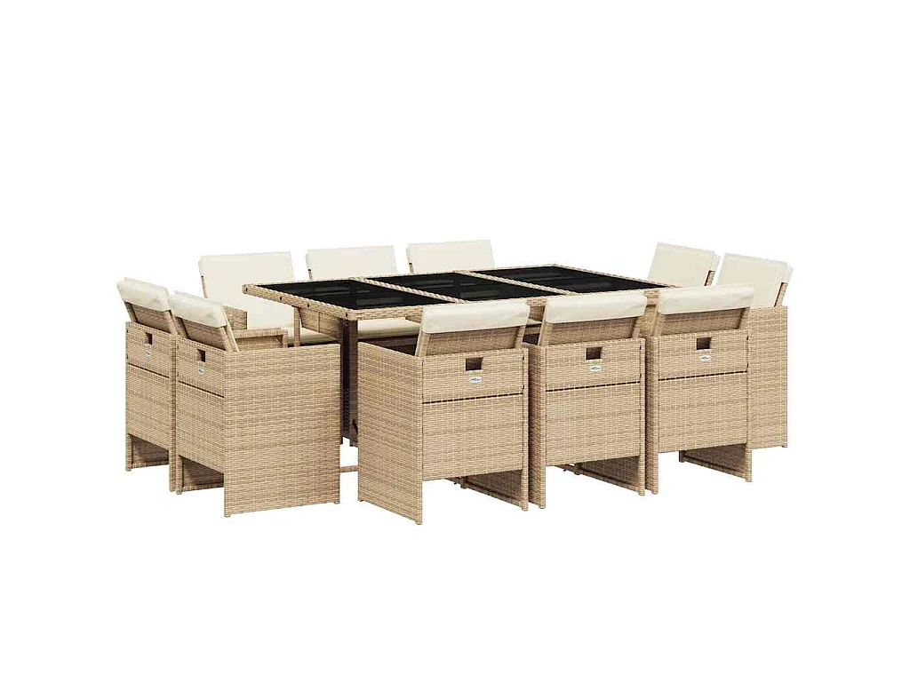 Ensemble à manger de jardin et coussins 11 pcs beige poly rotin