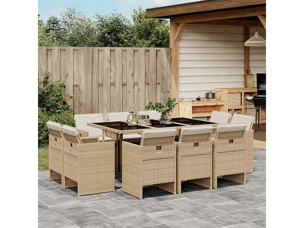 Ensemble à manger de jardin et coussins 11 pcs beige poly rotin