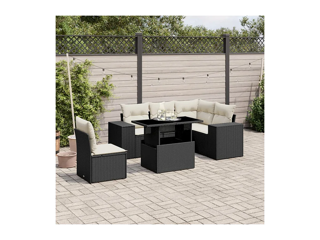 Salon de jardin 6 pcs avec coussins noir résine tressée