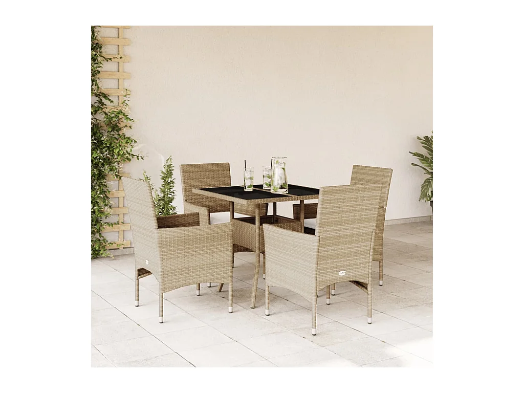 Ensemble à manger de jardin et coussins 5 pcs beige rotin verre