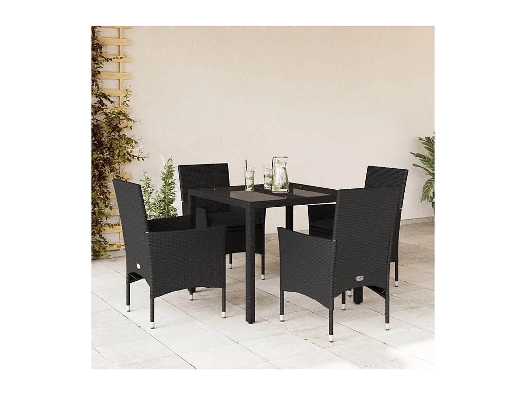 Ensemble à manger de jardin et coussins 5 pcs noir rotin verre