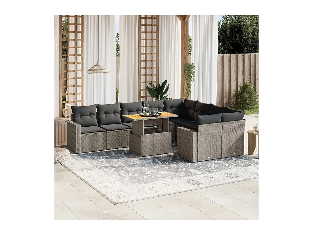 10-delige Loungeset met kussens poly rattan grijs
