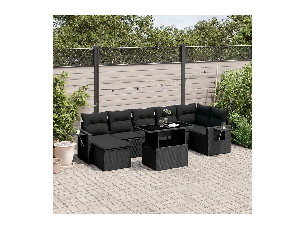 8-tlg. Garten-Sofagarnitur mit Kissen Schwarz Poly Rattan