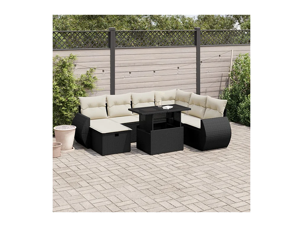 Salon de jardin 8 pcs avec coussins noir résine tressée