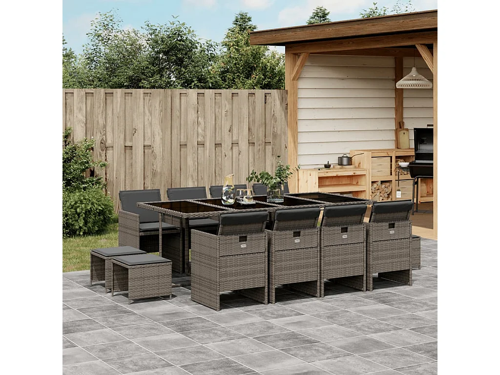 13 pcs conjunto jantar p/ jardim c/ almofadões vime PE cinzento