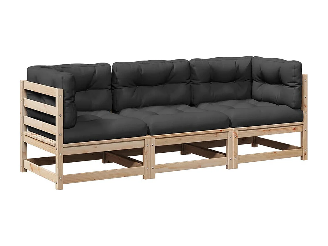 Salon de jardin 3 pcs avec coussins bois de pin massif