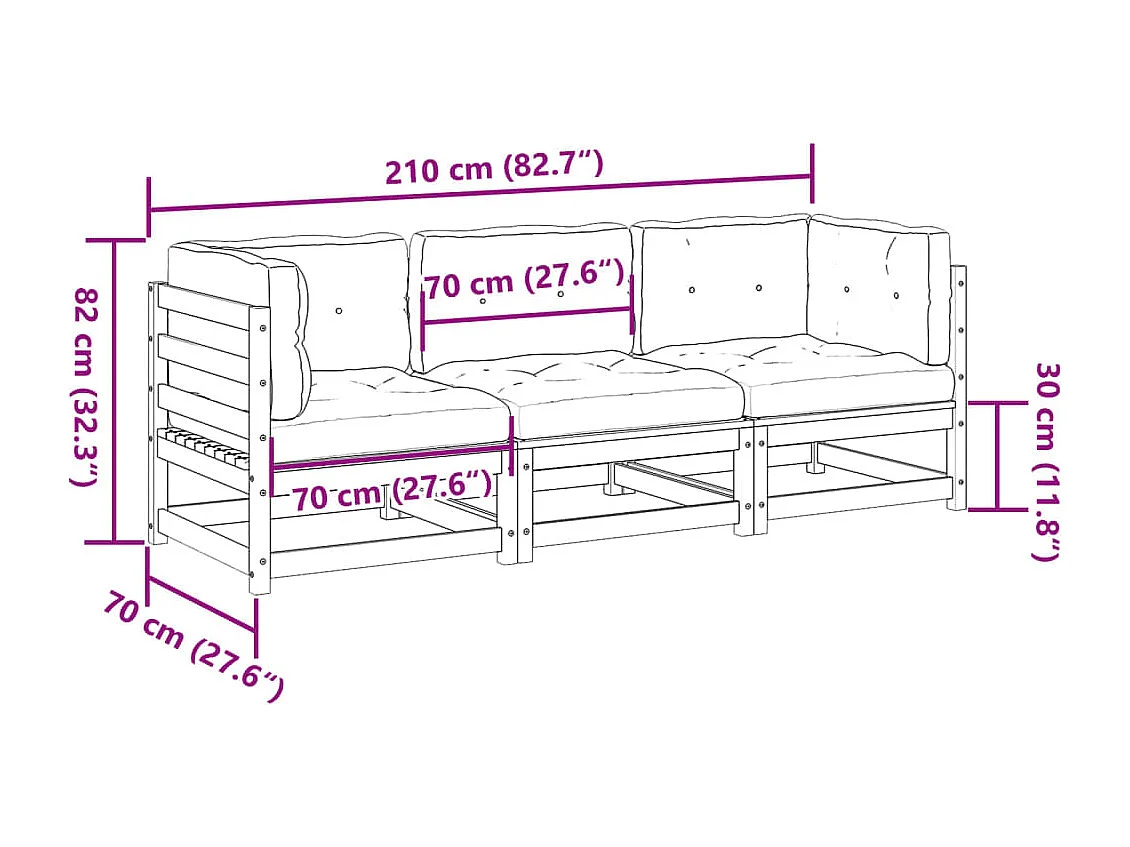 Salon de jardin 3 pcs avec coussins bois de pin massif