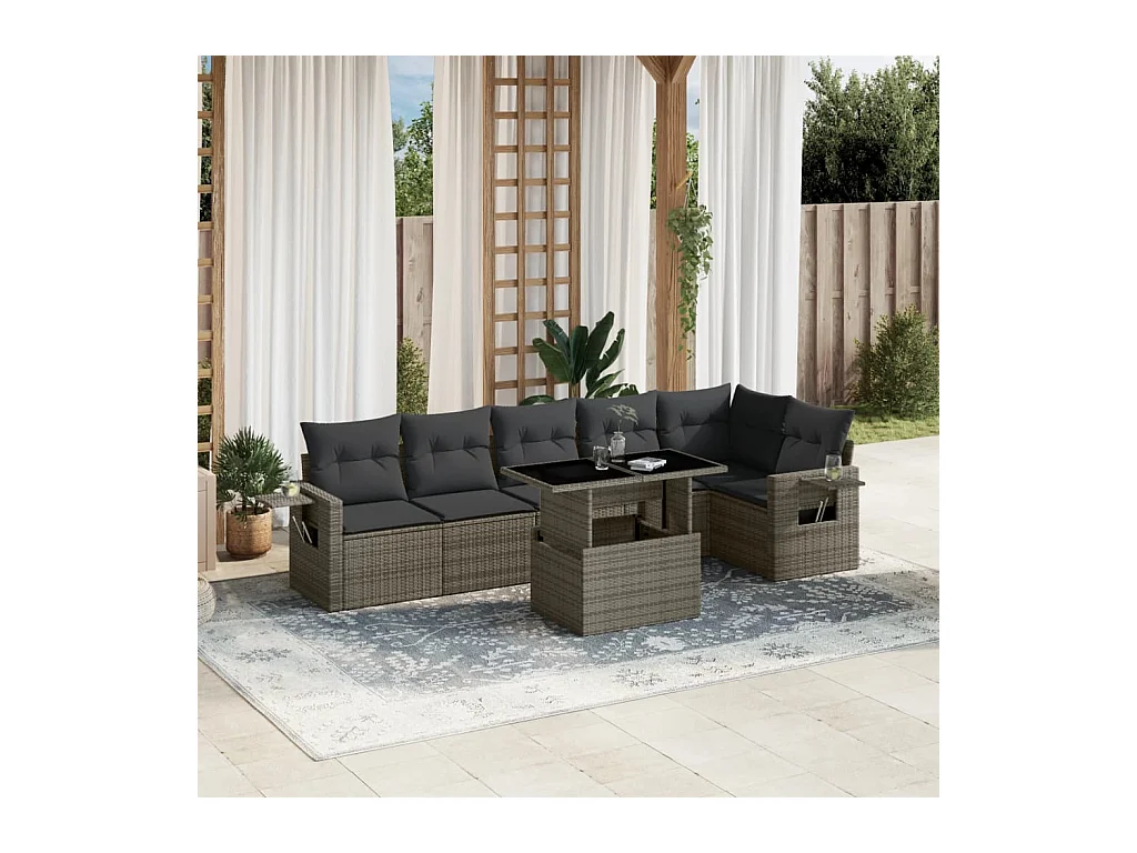 Salon de jardin avec coussins 7 pcs gris résine tressée