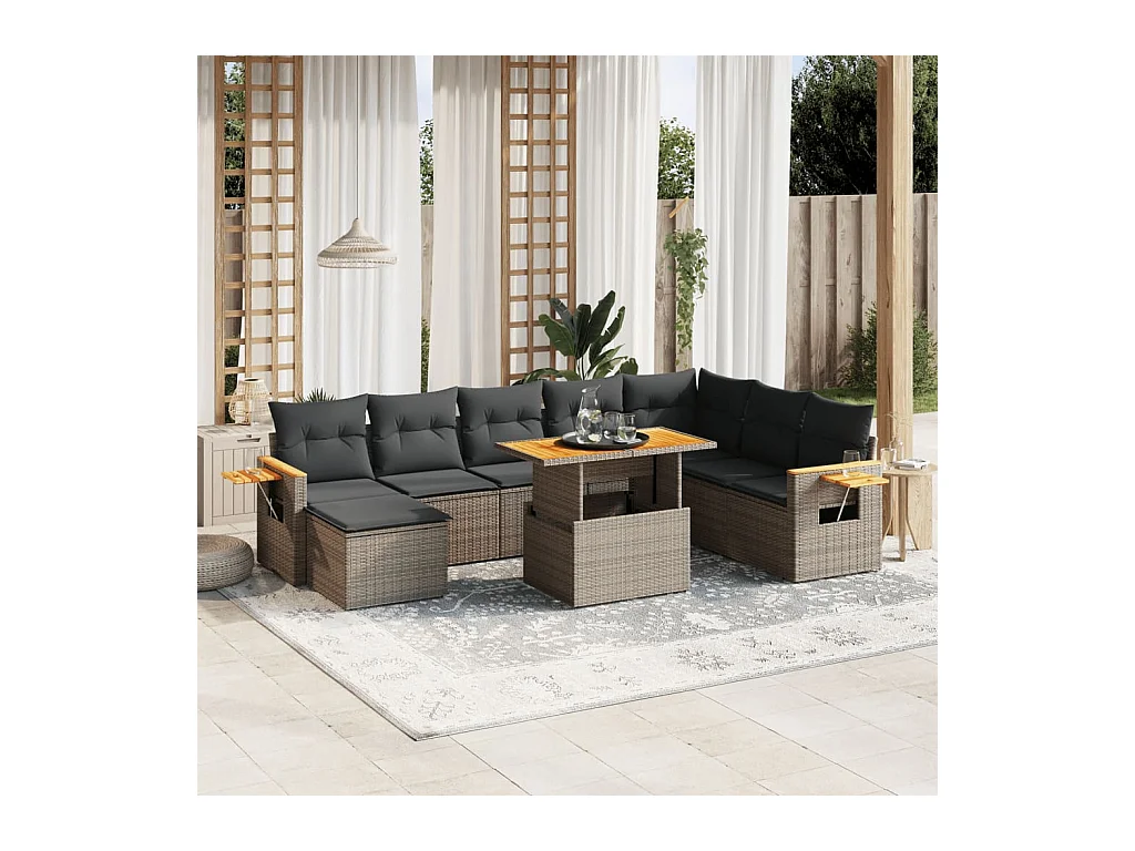 Salon de jardin 9 pcs avec coussins gris résine tressée