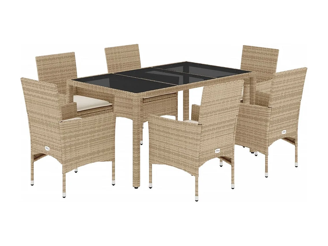 Ensemble à manger de jardin et coussins 7 pcs beige rotin verre