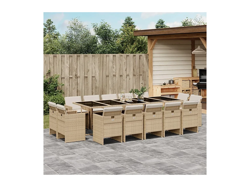 Set da Pranzo da Giardino 15 pz con Cuscini Beige in Polyrattan