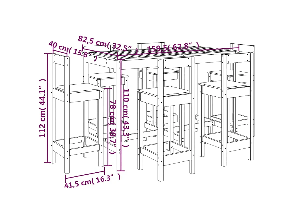 7-delige Barset massief grenenhout wit