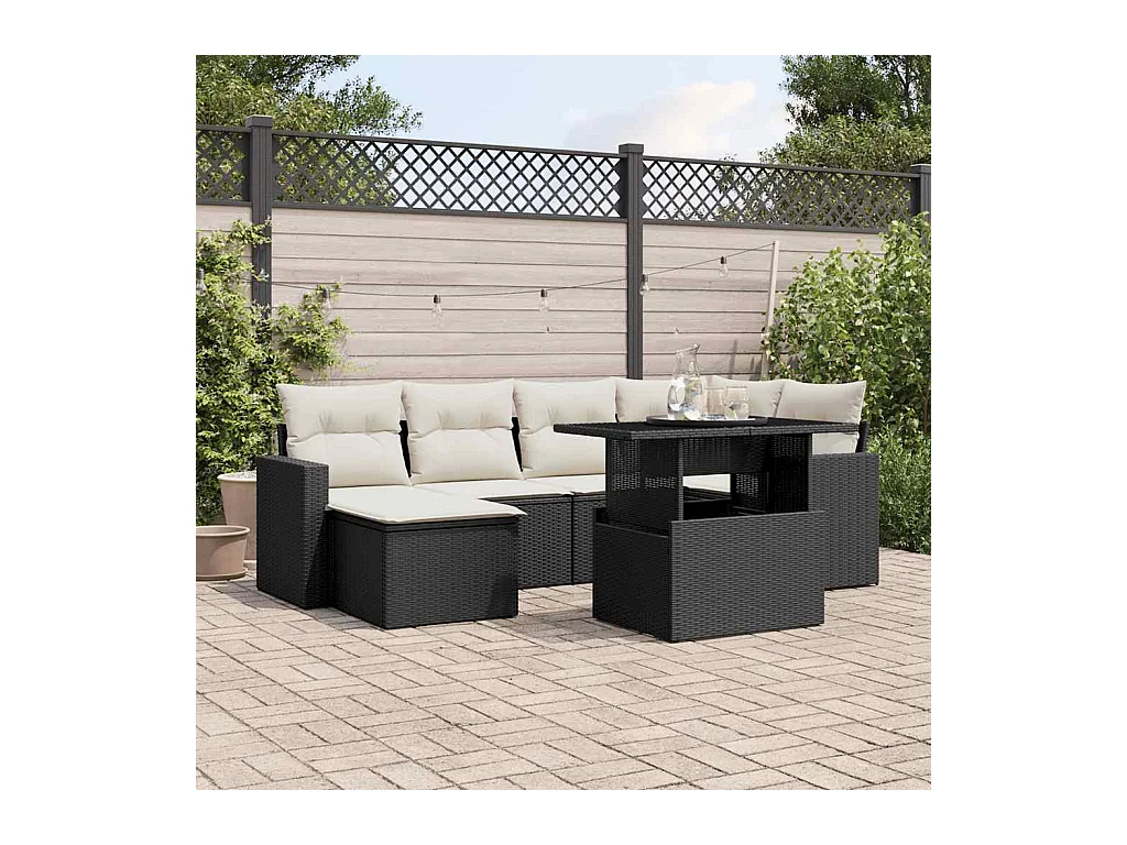 Salon de jardin 7 pcs avec coussins noir résine tressée
