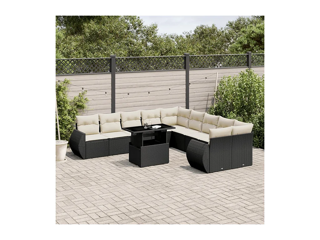 11 pcs conjunto sofás de jardim c/ almofadões vime PE preto