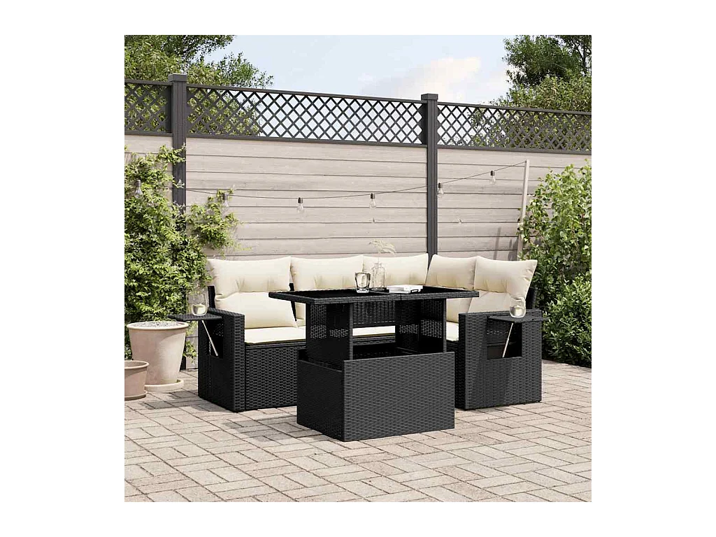 Salon de jardin 5 pcs avec coussins noir résine tressée