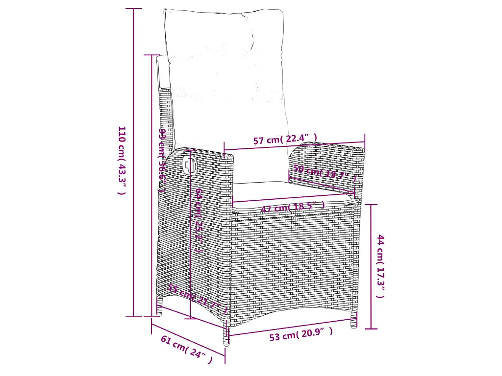 Tuinstoelen 2 st verstelbaar met kussens poly rattan lichtgrijs