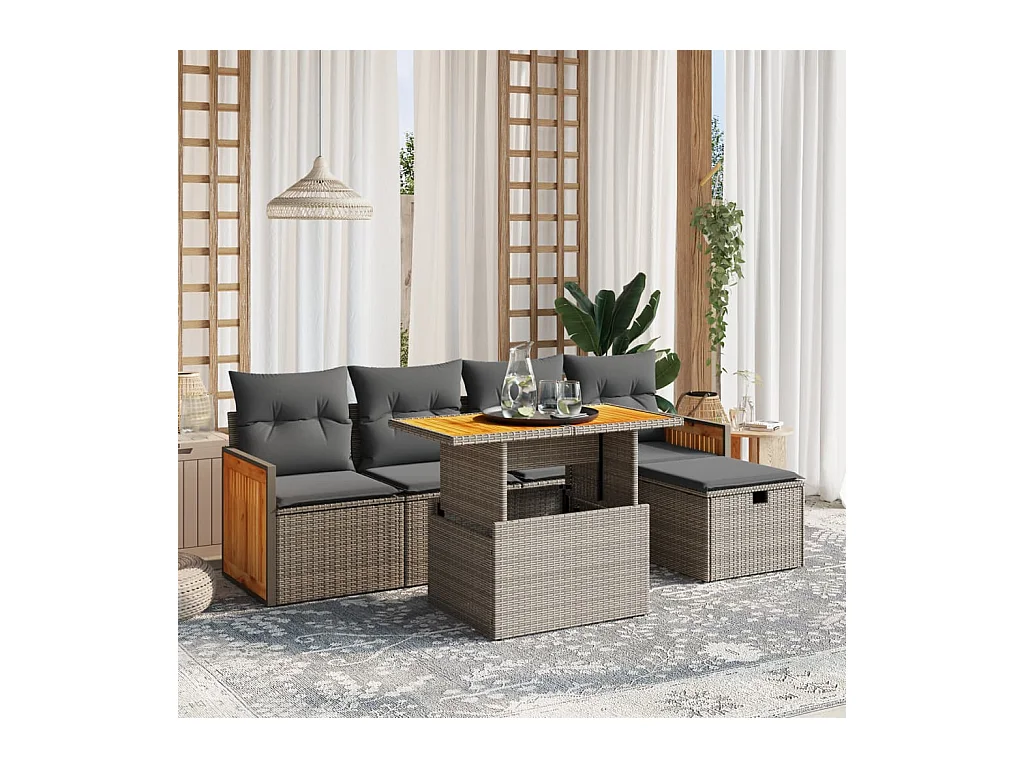 6-delige Loungeset met kussens poly rattan grijs