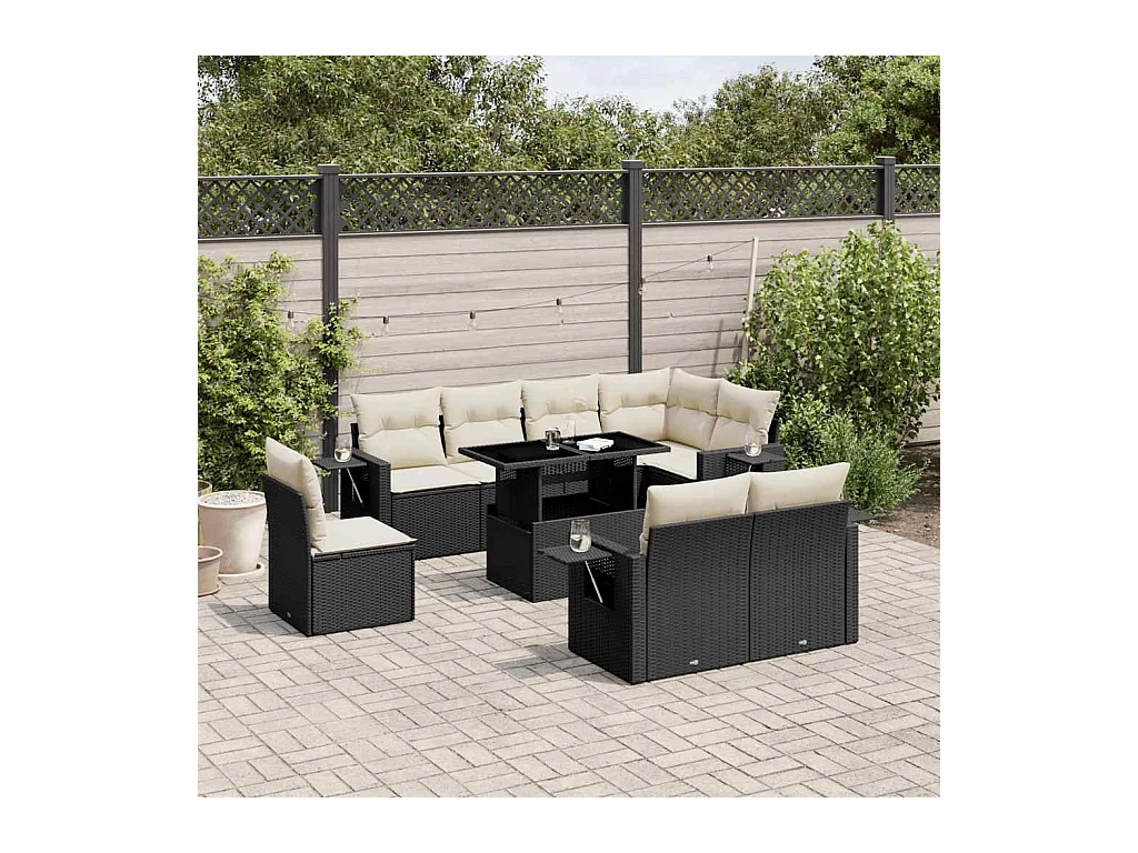 Salon de jardin 9 pcs avec coussins noir résine tressée