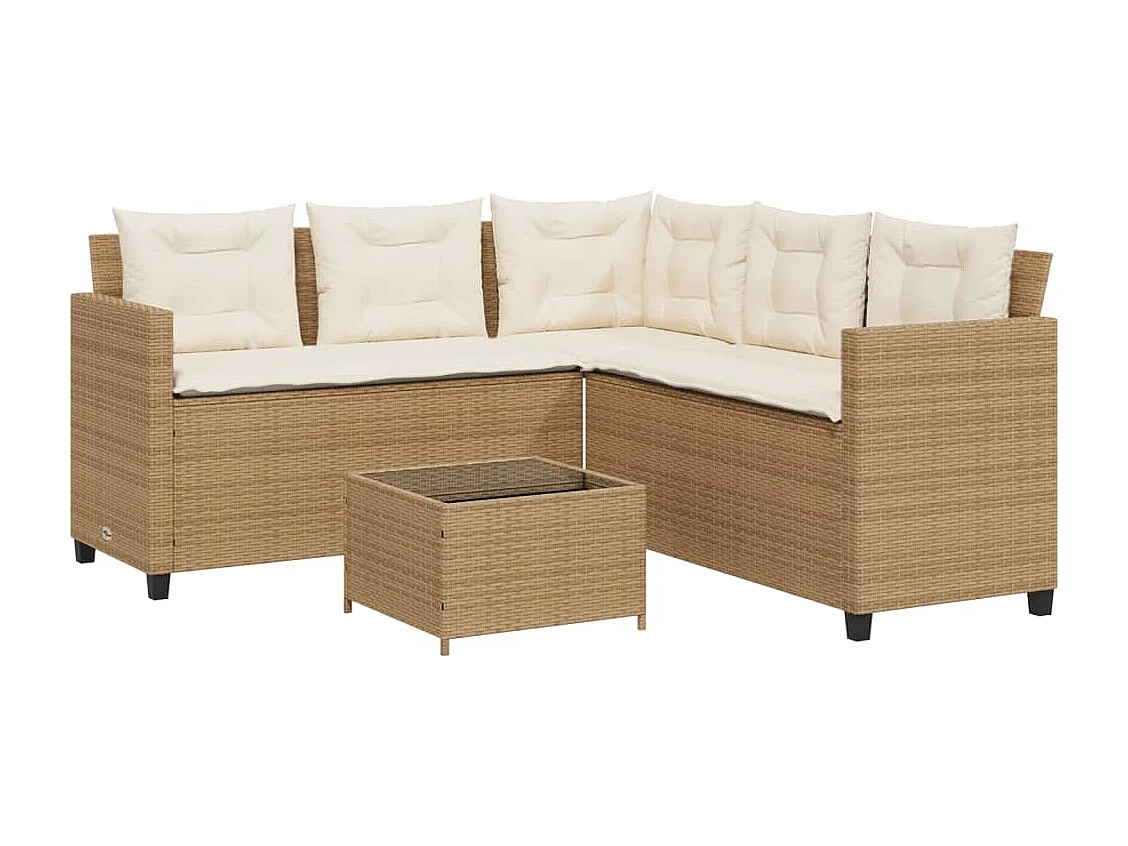 Gartensofa in L-Form mit Tisch und Kissen Beige Poly Rattan
