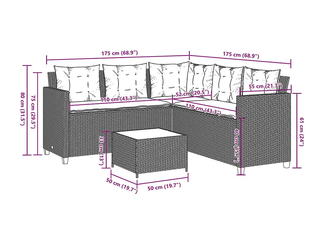 Gartensofa in L-Form mit Tisch und Kissen Beige Poly Rattan