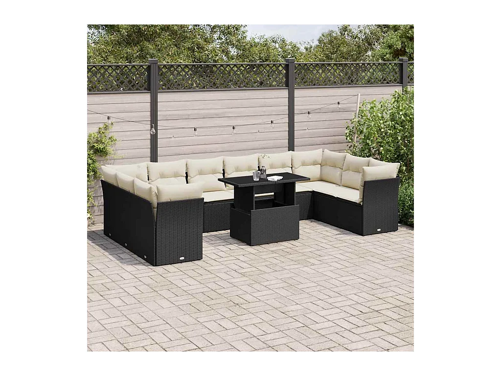 11-delige Loungeset met kussens poly rattan zwart