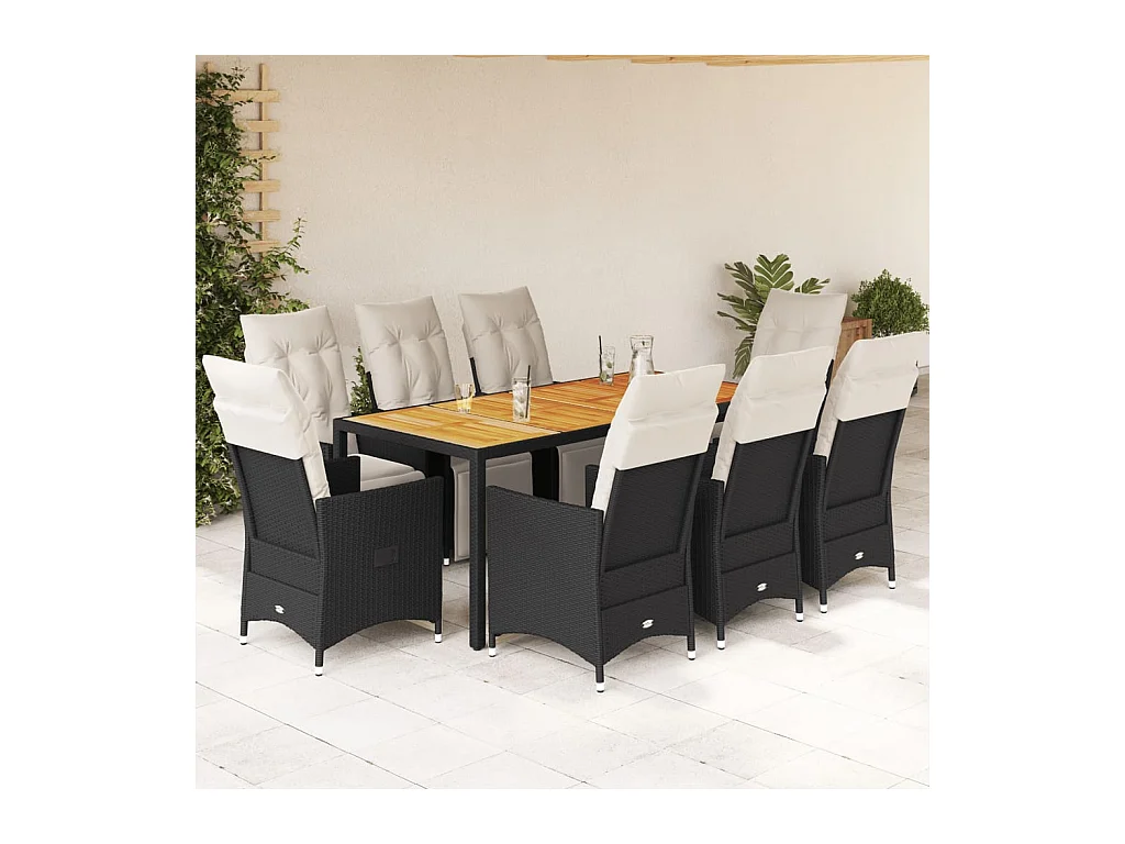 Ensemble à manger de jardin 9pcs coussins noir résine tressée
