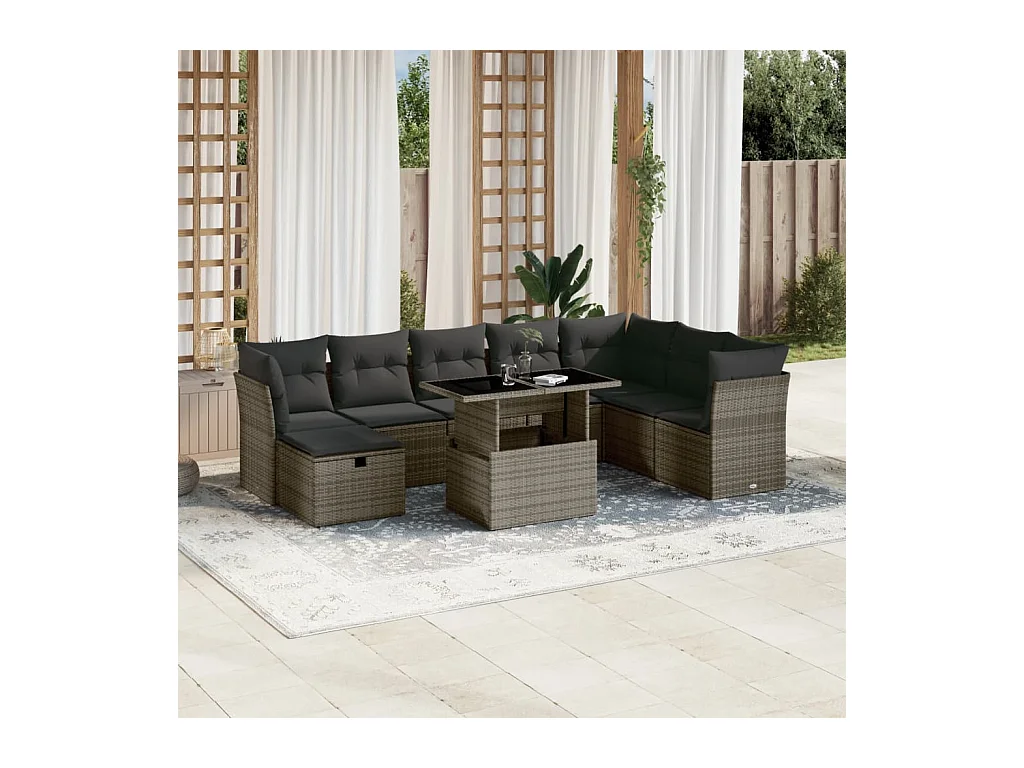Salon de jardin 9 pcs avec coussins gris résine tressée