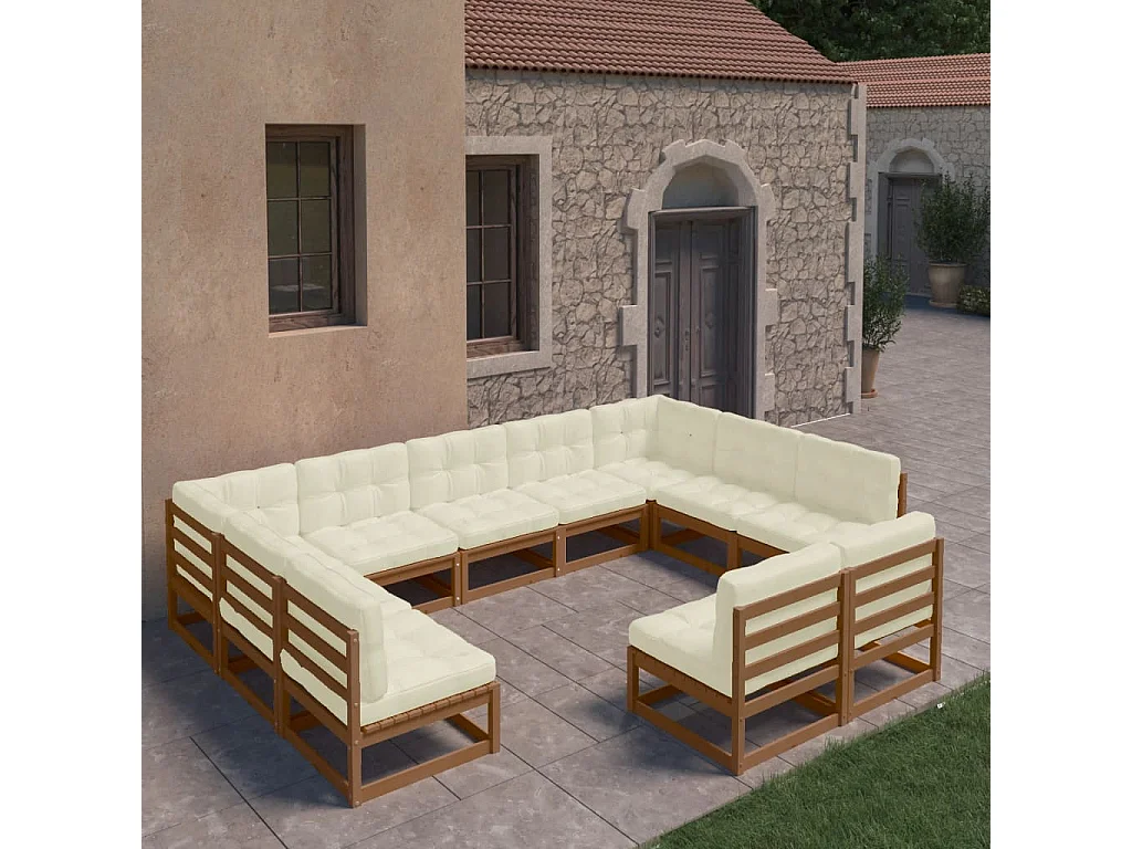 11-tlg. Garten-Lounge-Set mit Kissen Honigbraun Massivholz
