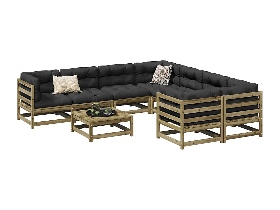 Salon de jardin 9 pcs avec coussins bois de pin imprégné