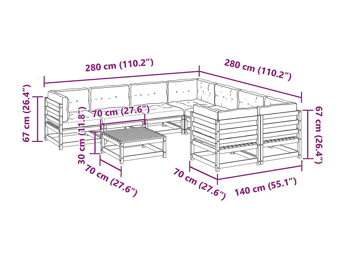 Salon de jardin 9 pcs avec coussins bois de pin imprégné