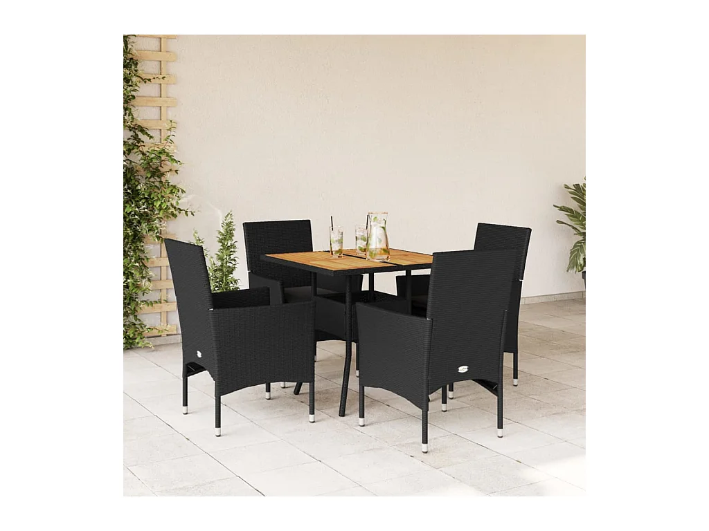 Ensemble à manger de jardin et coussins 5 pcs noir rotin acacia