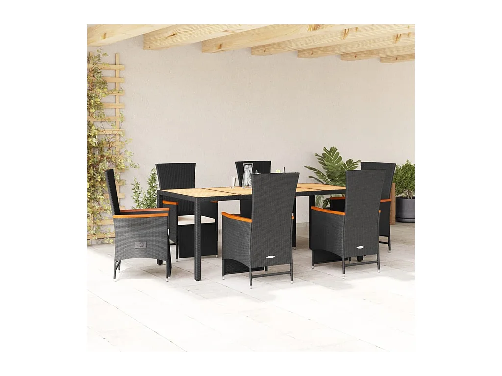 Ensemble à manger de jardin coussins 7pcs Noir Résine tressée
