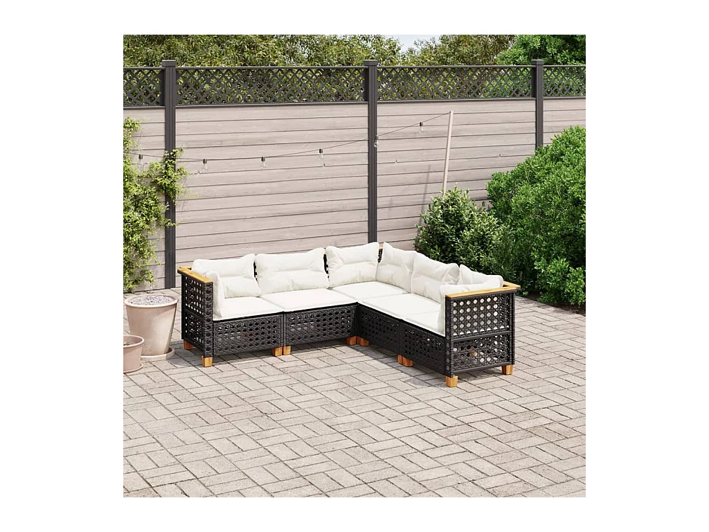 5-tlg. Garten-Sofagarnitur mit Kissen Schwarz Poly Rattan