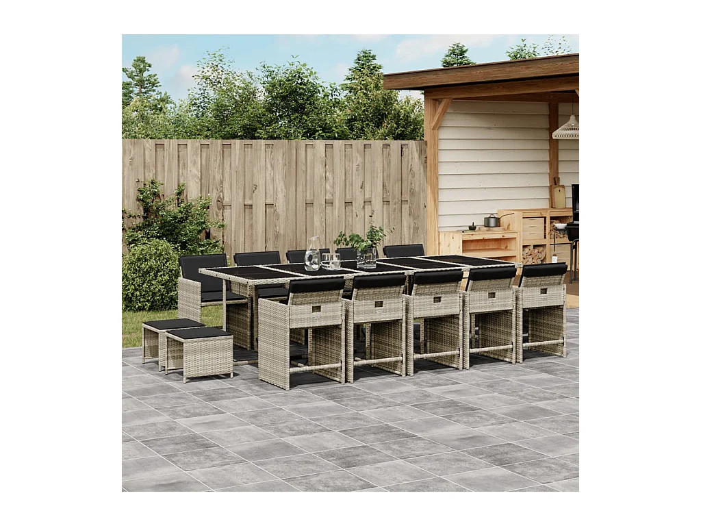 Ensemble à manger de jardin et coussins 15 pcs gris clair rotin