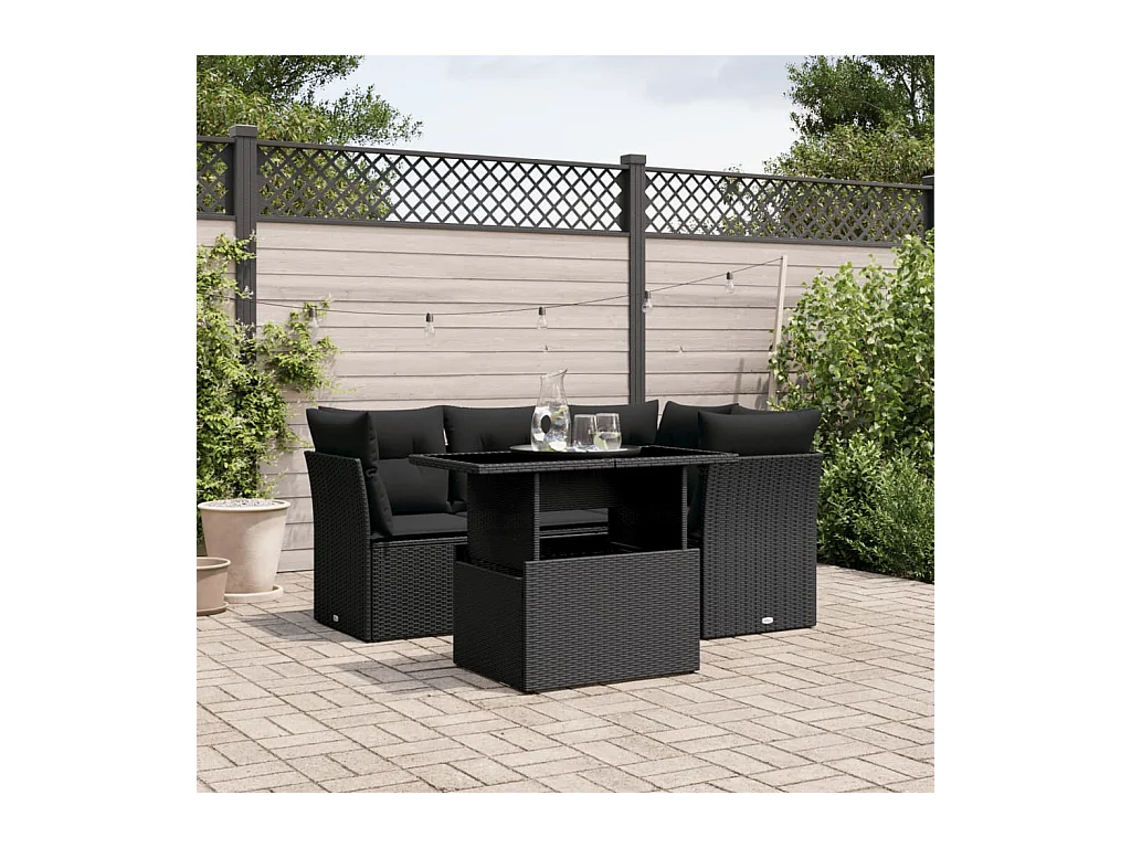 Salon de jardin 5 pcs avec coussins noir résine tressée