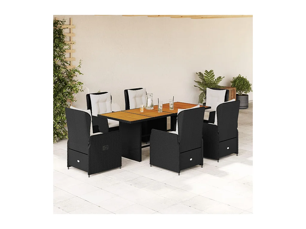 Ensemble à manger de jardin coussins 7pcs Noir Résine tressée