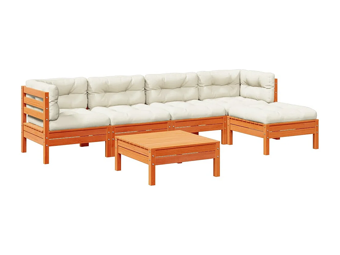 Salon de jardin 6 pcs avec coussins cire marron bois pin massif