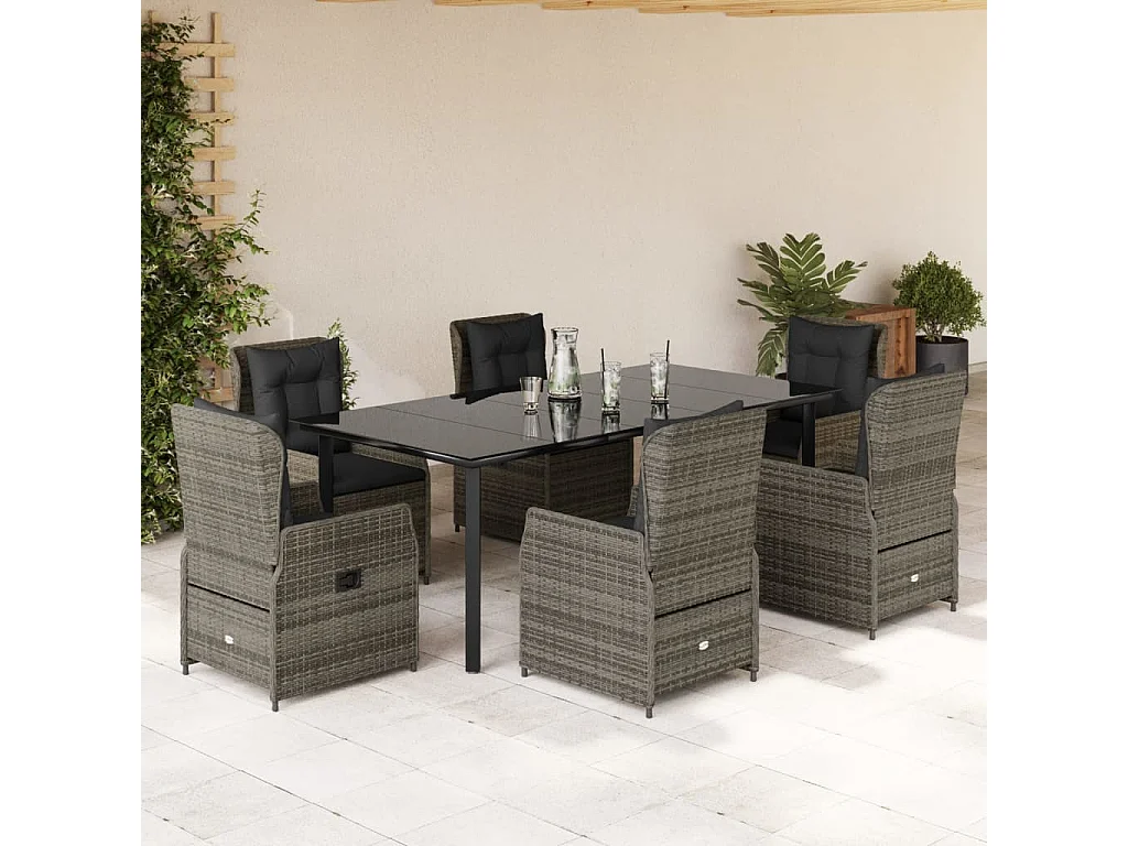 7 pcs conjunto de jantar p/ jardim c/ almofadões vime PE cinza