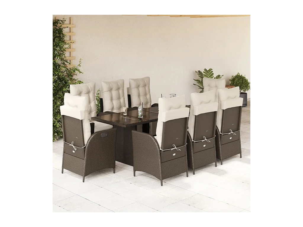 Set da Pranzo da Giardino 9pz con Cuscini Marrone in Polyrattan