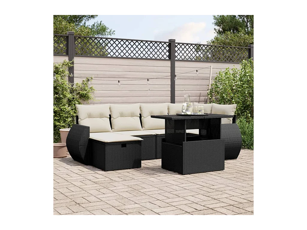 Salon de jardin 7 pcs avec coussins noir résine tressée