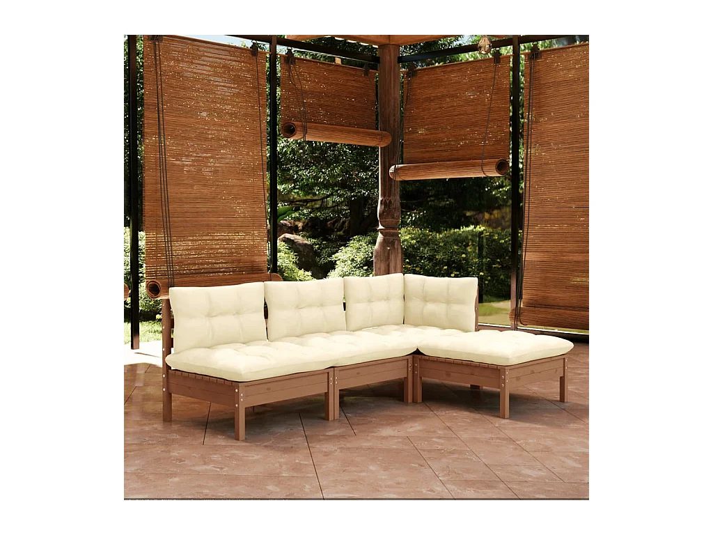 Set Salotto Giardino 4pz con Cuscini Marrone Ambra Legno Pino