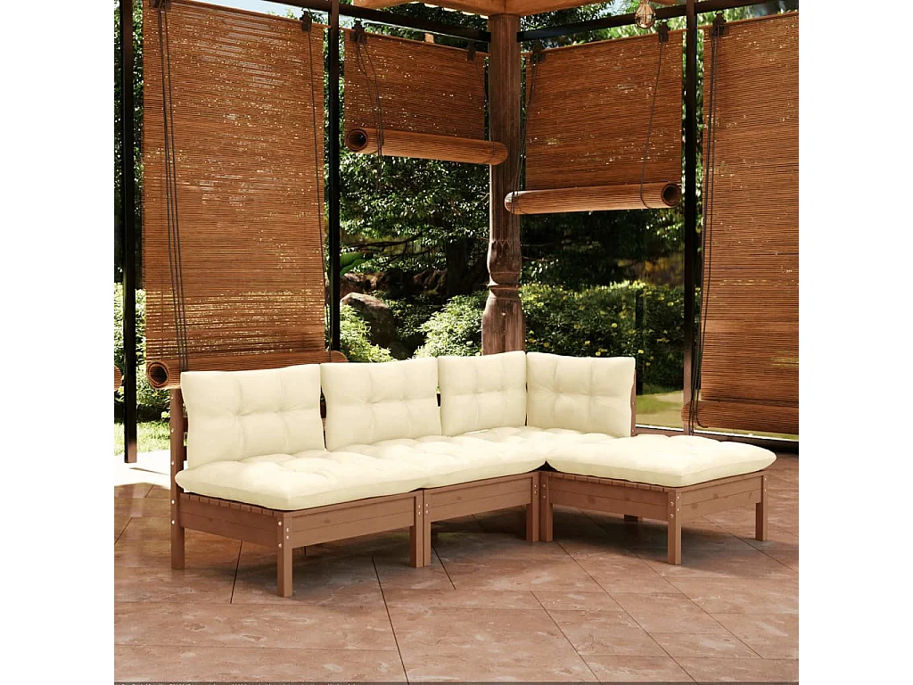 Salon de jardin 4 pcs avec coussins Marron miel Bois de pin
